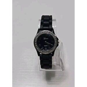 Geneva Wrist Watch Black Silicone Buckle Band Rhinestone Jeweled New Battery
